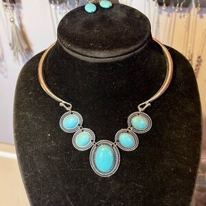 Blue Cracked Stone Necklace and Earring set.   Definitely a Statement piece